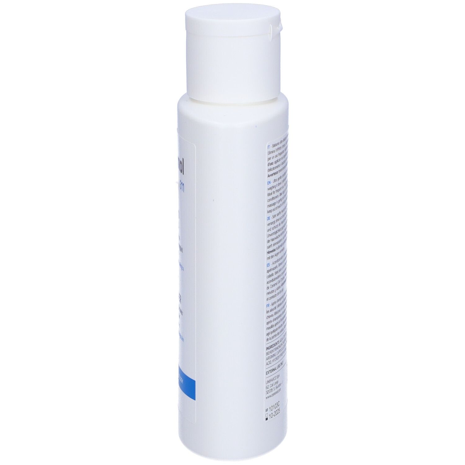 Flacon blanc, vue latérale. Texte sur le flacon. Ceramol 311. Balsamo Capelli, Hair Conditioner.