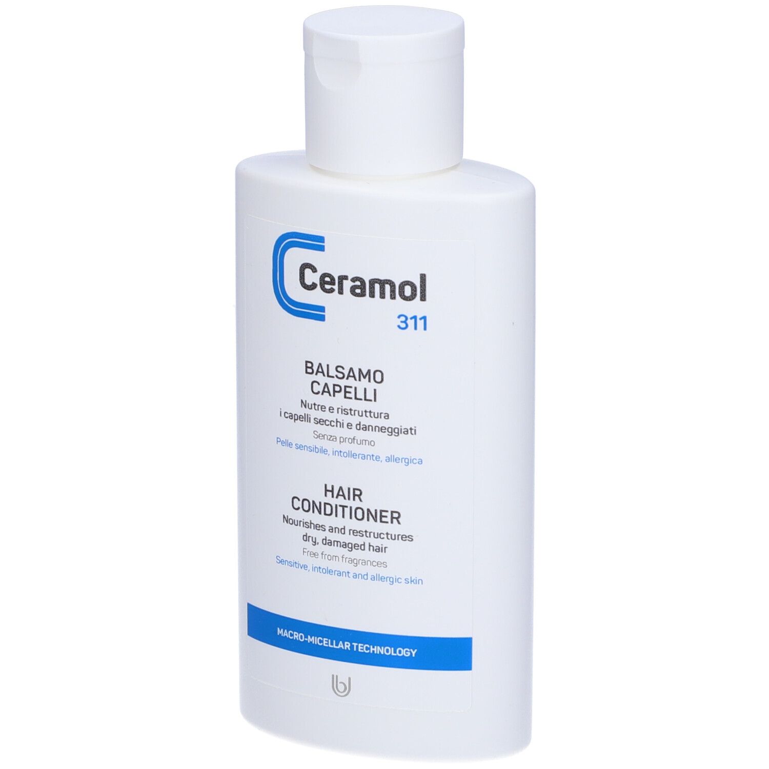 Flacon blanc avec logo bleu Ceramol et texte "311". Texte : Balsamo Capelli, Hair Conditioner.