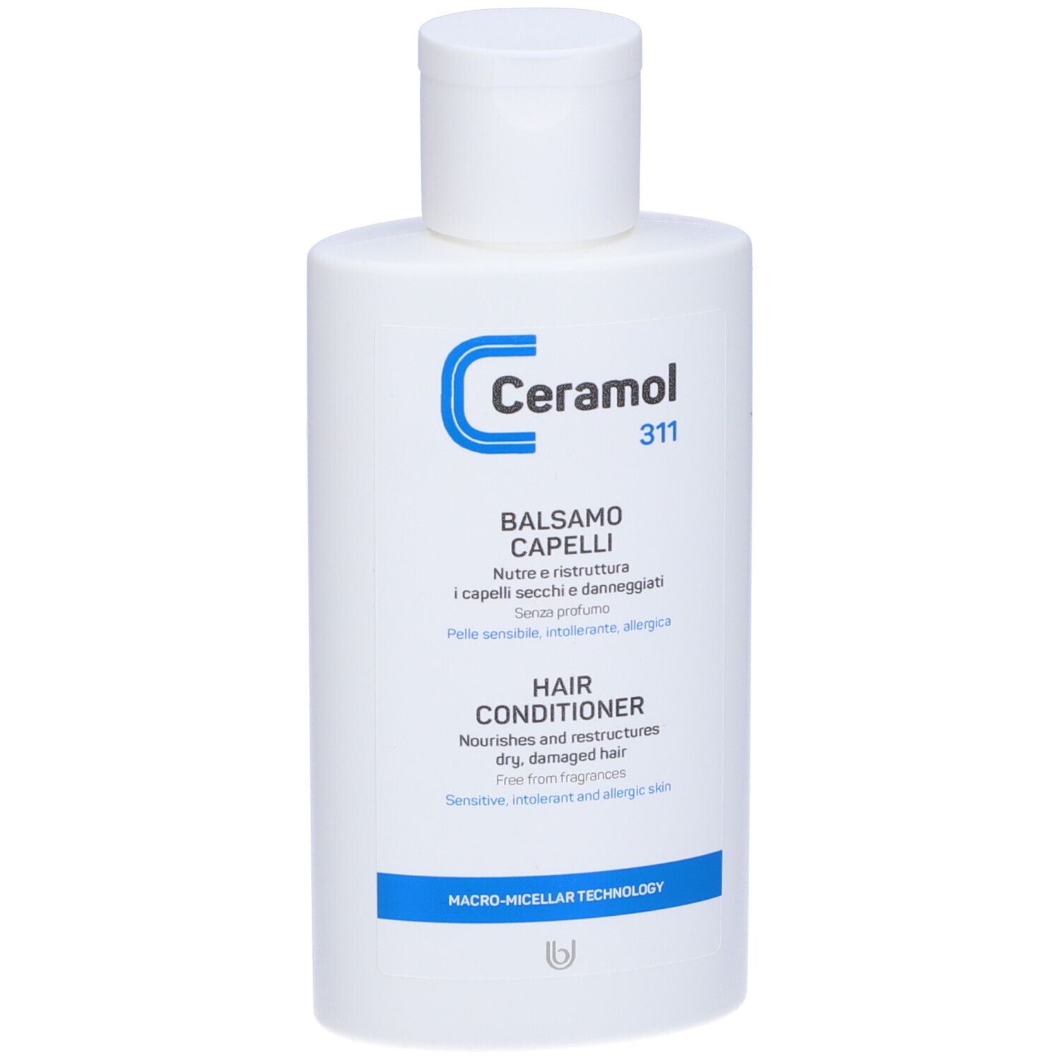 Flacon blanc avec logo bleu Ceramol et texte "311". Texte : Balsamo Capelli, Hair Conditioner.