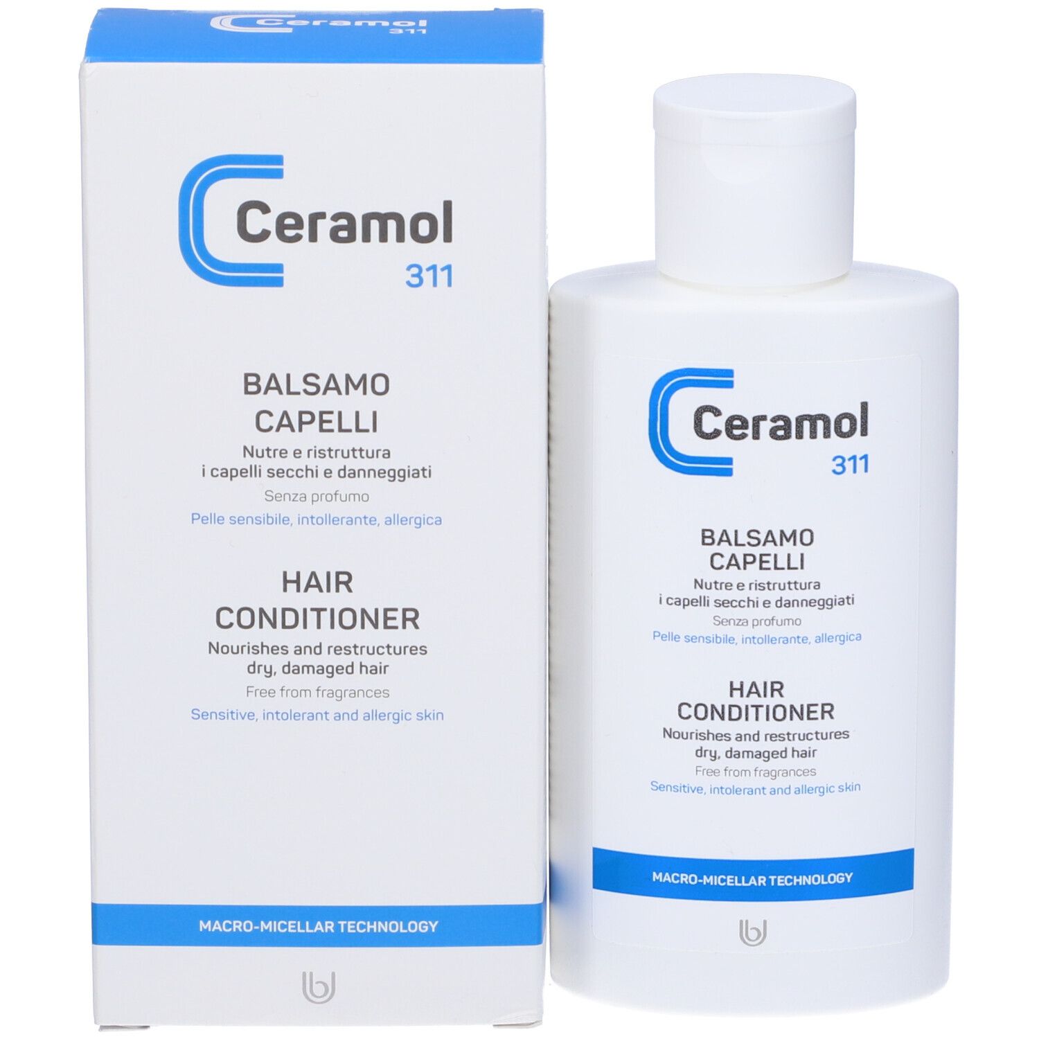 Emballage et flacon du produit. Emballage blanc avec flacon. Ceramol 311. Balsamo Capelli, Hair Conditioner.