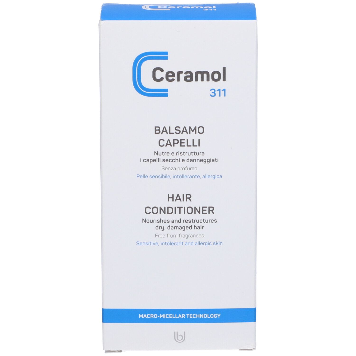 Emballage blanc du produit. Ceramol 311. Balsamo Capelli, Hair Conditioner. Texte et logo.