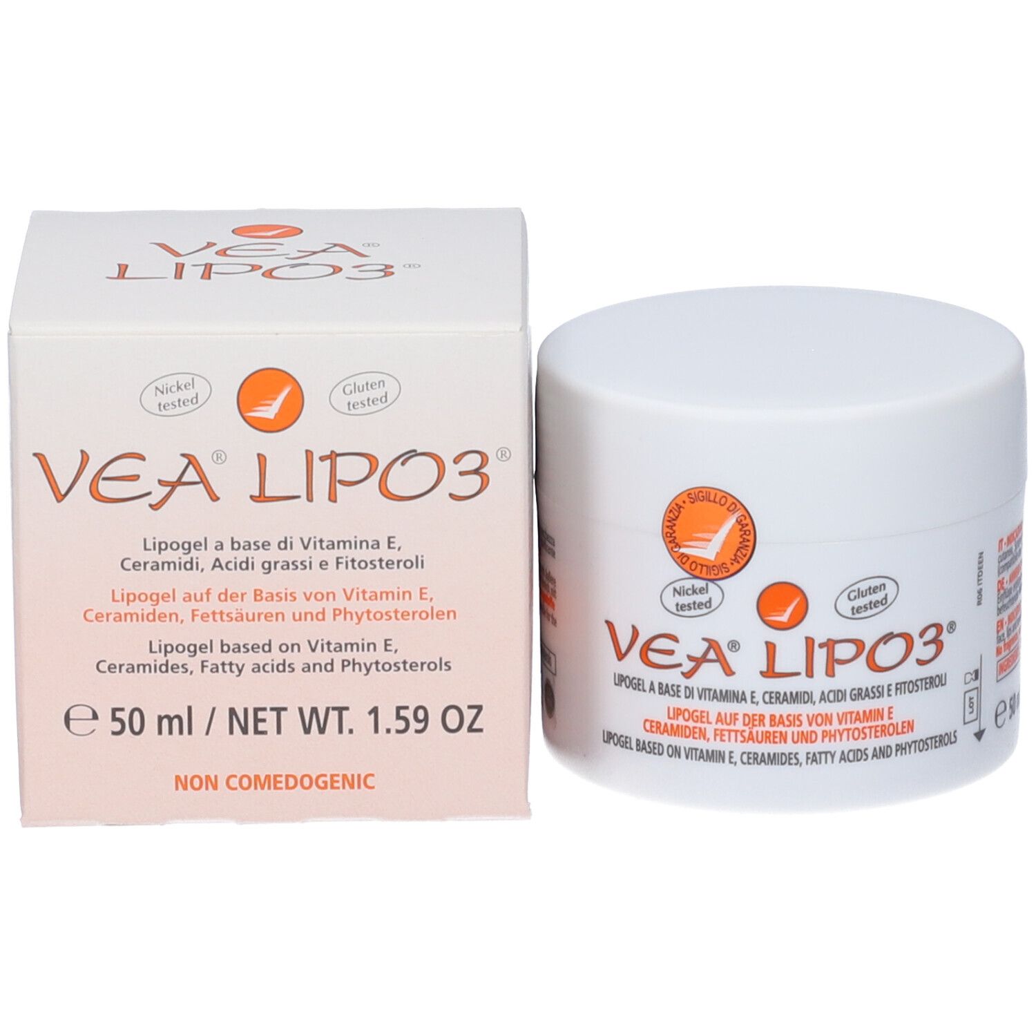 Produit VEA LIPO3 et boîte pliante. Pot et boîte blancs. 50 ml. Testé au nickel et sans gluten.