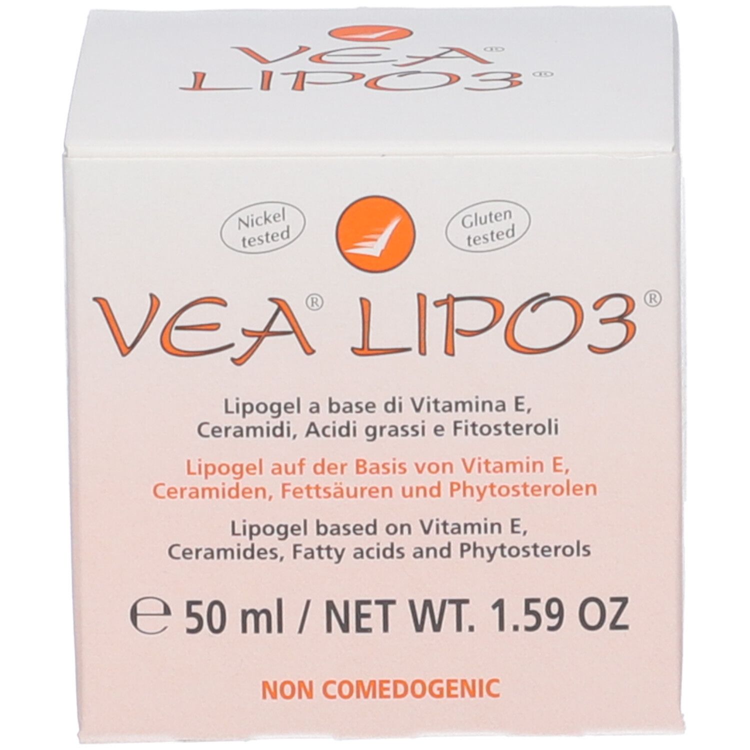 Boîte pliante blanche avec logo VEA LIPO3. Contient du lipogel. Testé au nickel et sans gluten. 50 ml.