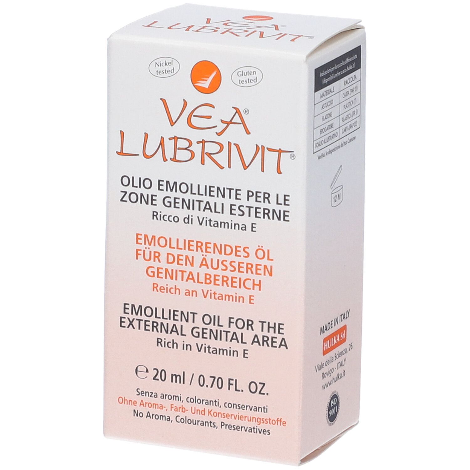 Boîte de VEA LUBRIVIT. Blanc et orange. Inscriptions : Olio emolliente, Emollierendes Öl, Emollient Oil. Testé nickel et sans gluten.