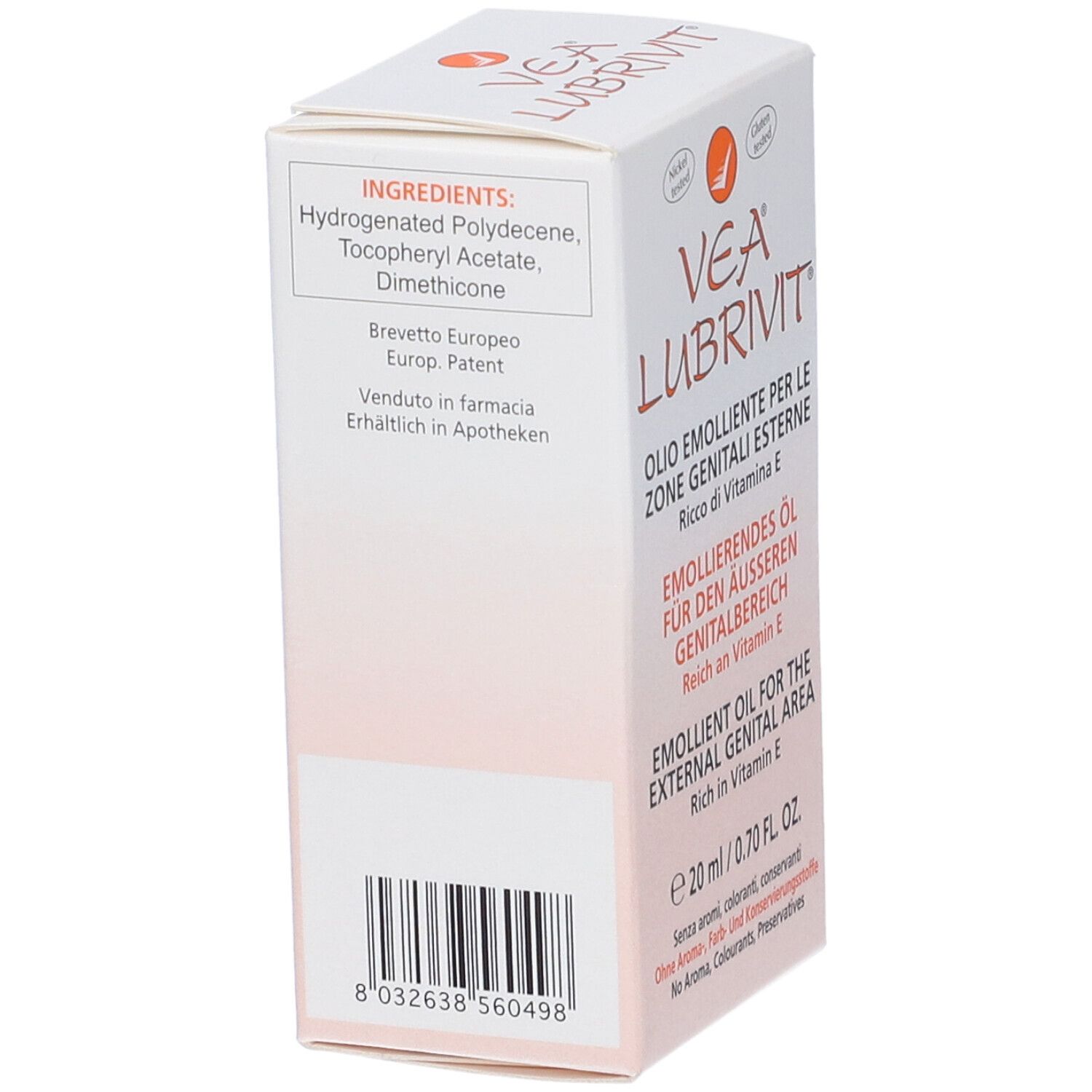 Dos de la boîte VEA LUBRIVIT. Ingrédients et code-barres. Texte : Hydrogenated Polydecene, Tocopheryl Acetate, Dimethicone. Brevet européen.