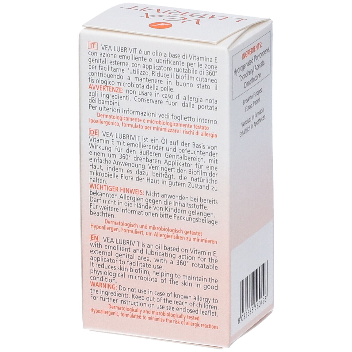 Boîte VEA LUBRIVIT. Texte en allemand, italien et anglais. Informations d'utilisation et avertissements. Code-barres.