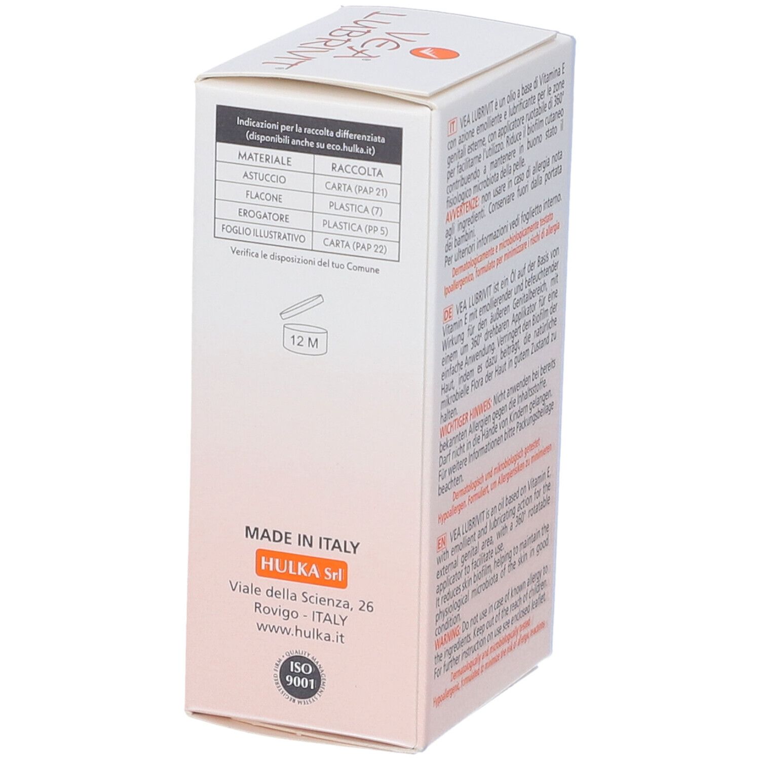 Boîte VEA LUBRIVIT. Côté avec informations de recyclage et adresse du fabricant. Certification ISO 9001.