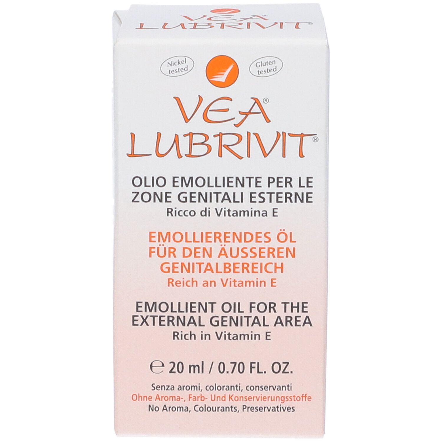Boîte de VEA LUBRIVIT. Blanc et orange. Inscriptions : Olio emolliente, Emollierendes Öl, Emollient Oil. Testé nickel et sans gluten.