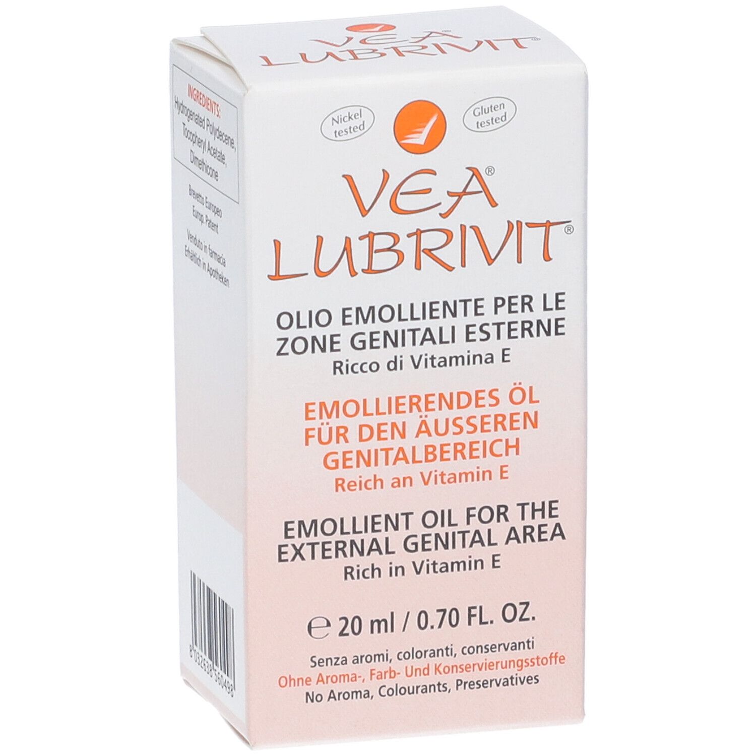 Boîte de VEA LUBRIVIT. Blanc et orange. Inscriptions : Olio emolliente, Emollierendes Öl, Emollient Oil. Testé nickel et sans gluten.