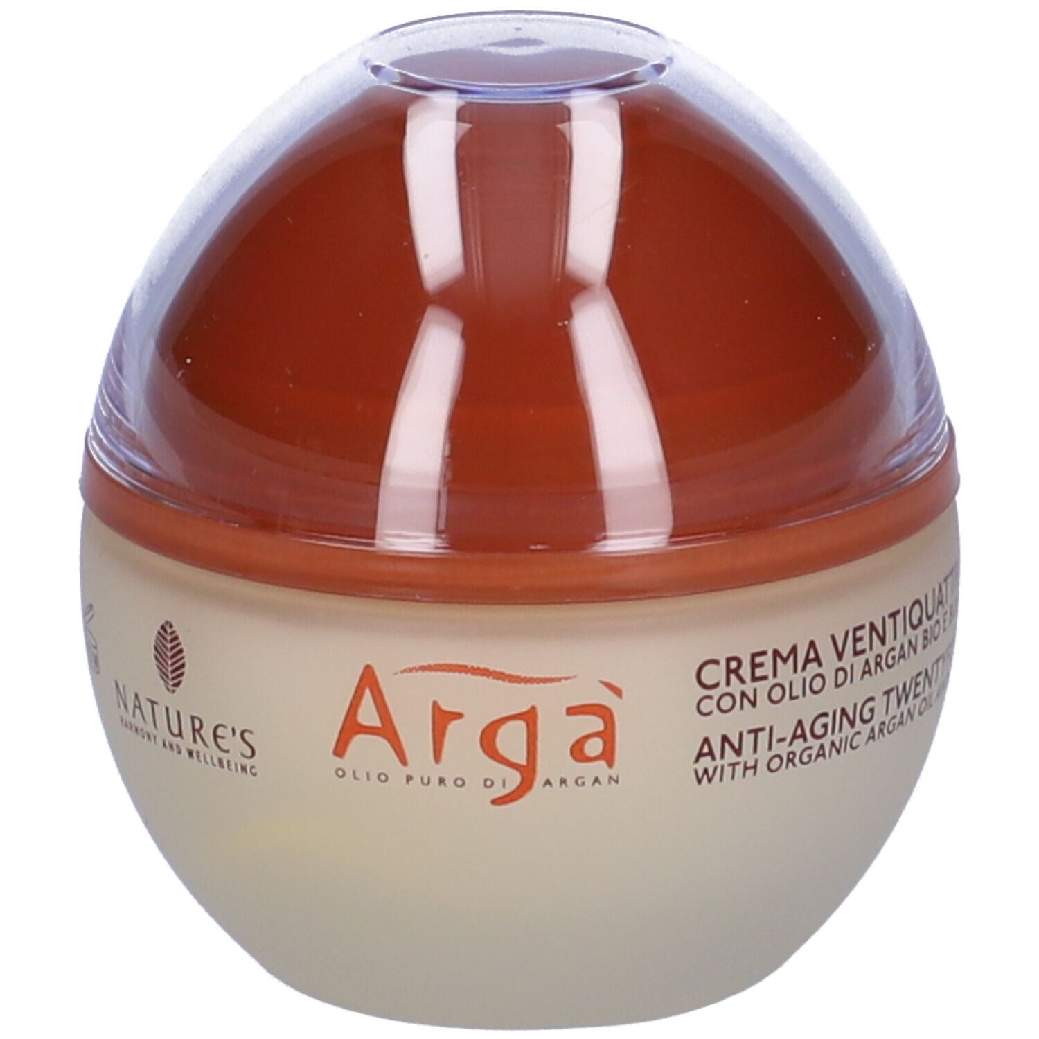 Pot de crème avec couvercle marron. Inscription : Arga, crème anti-âge à l'huile d'argan bio. Marque : NATURE'S.