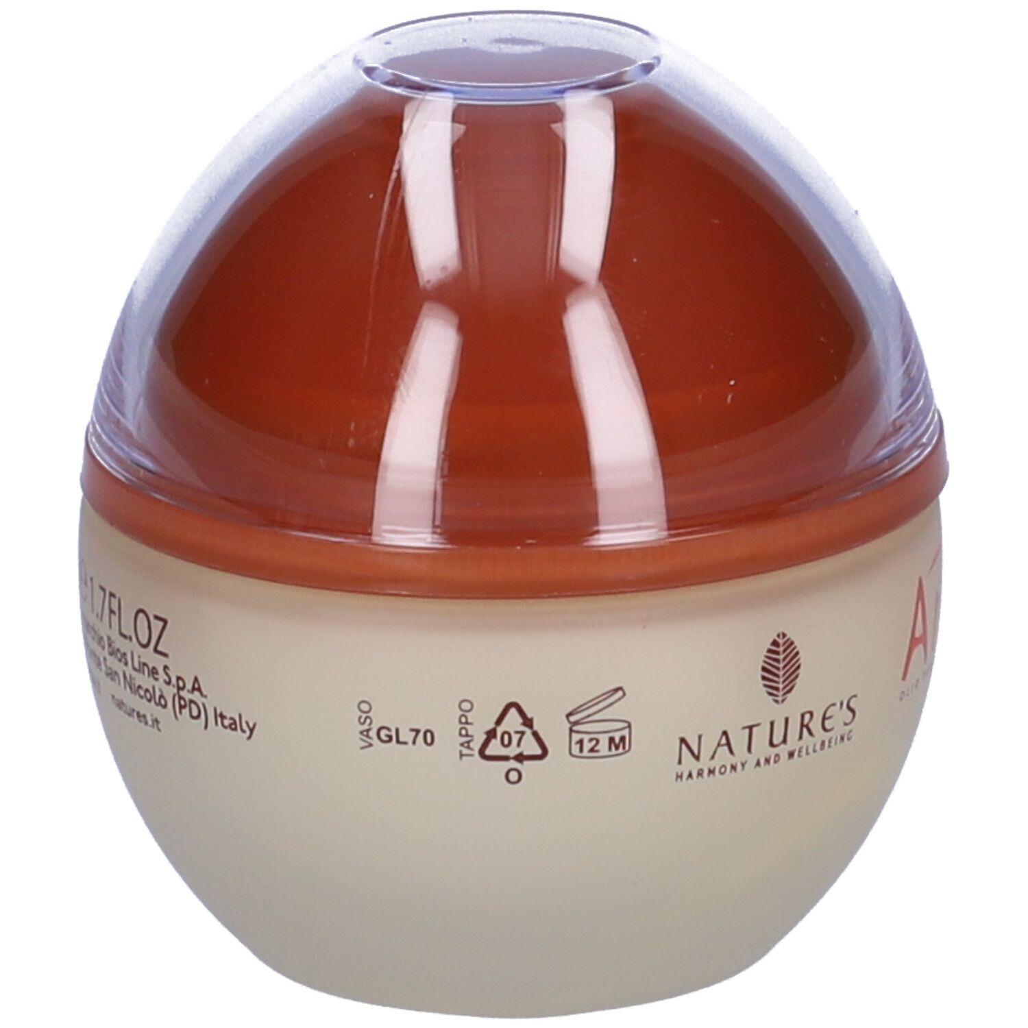 Pot de crème avec couvercle marron. Inscription : NATURE'S, Arga. En bas : 12M, GL70, symbole de recyclage.