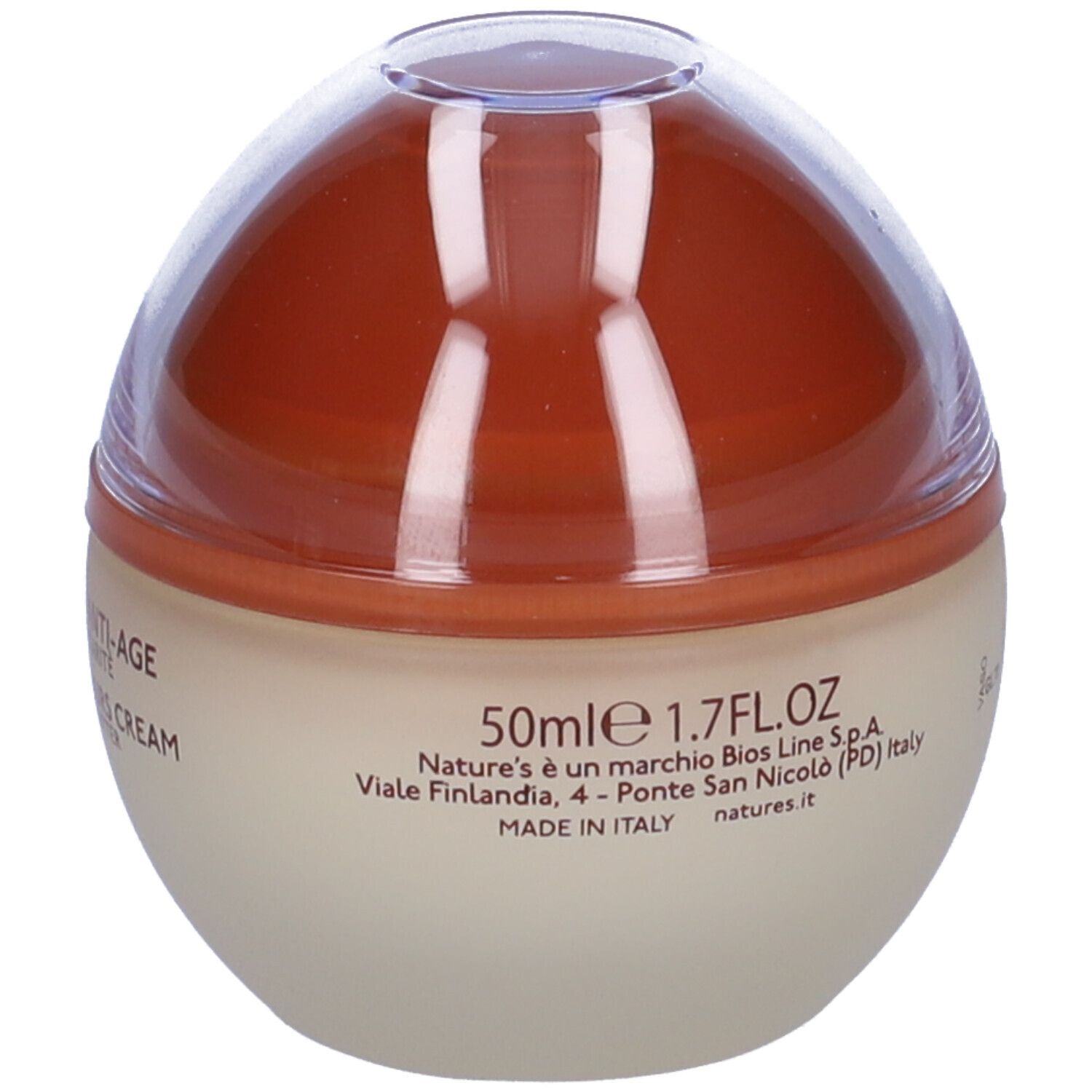 Pot de crème avec couvercle marron. Inscription : 50ml, 1.7 FL.OZ. NATURE'S. Fabriqué en Italie. Nom du produit non visible.