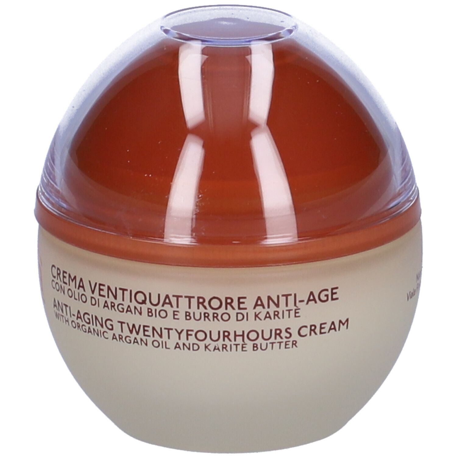 Pot de crème avec couvercle marron. Inscription : Crème anti-âge Twentyfourhours à l'huile d'argan bio et beurre de karité.