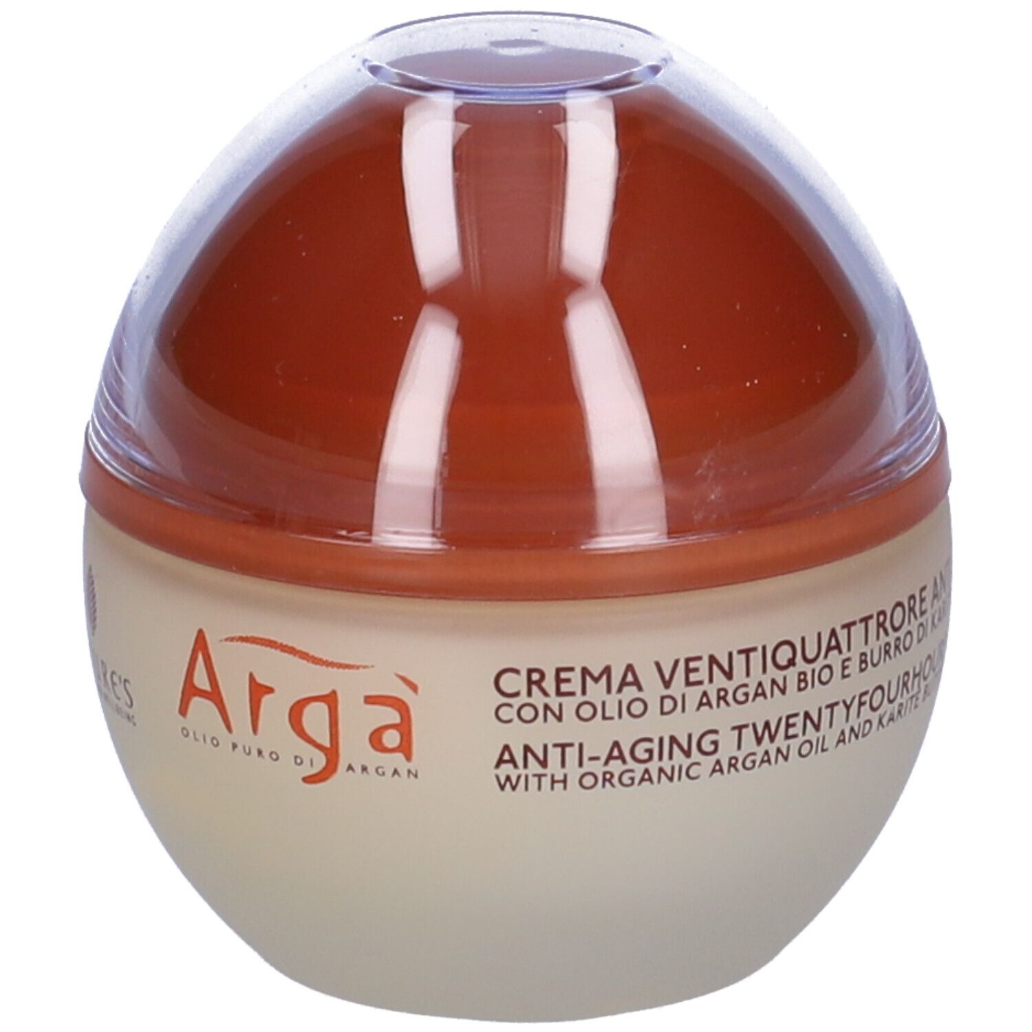 Pot de crème avec couvercle marron. Inscription : Arga, crème anti-âge à l'huile d'argan bio et beurre de karité. Marque : NATURE'S.