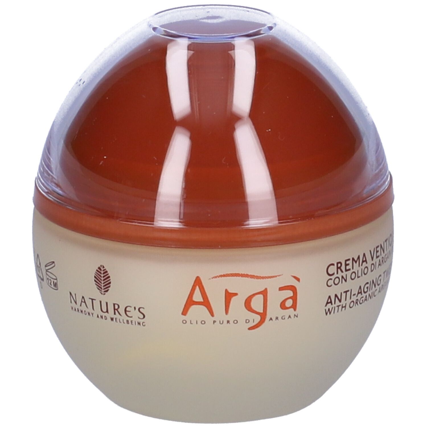 Pot de crème avec couvercle marron. Inscription : Arga, crème anti-âge à l'huile d'argan bio. Marque : NATURE'S.