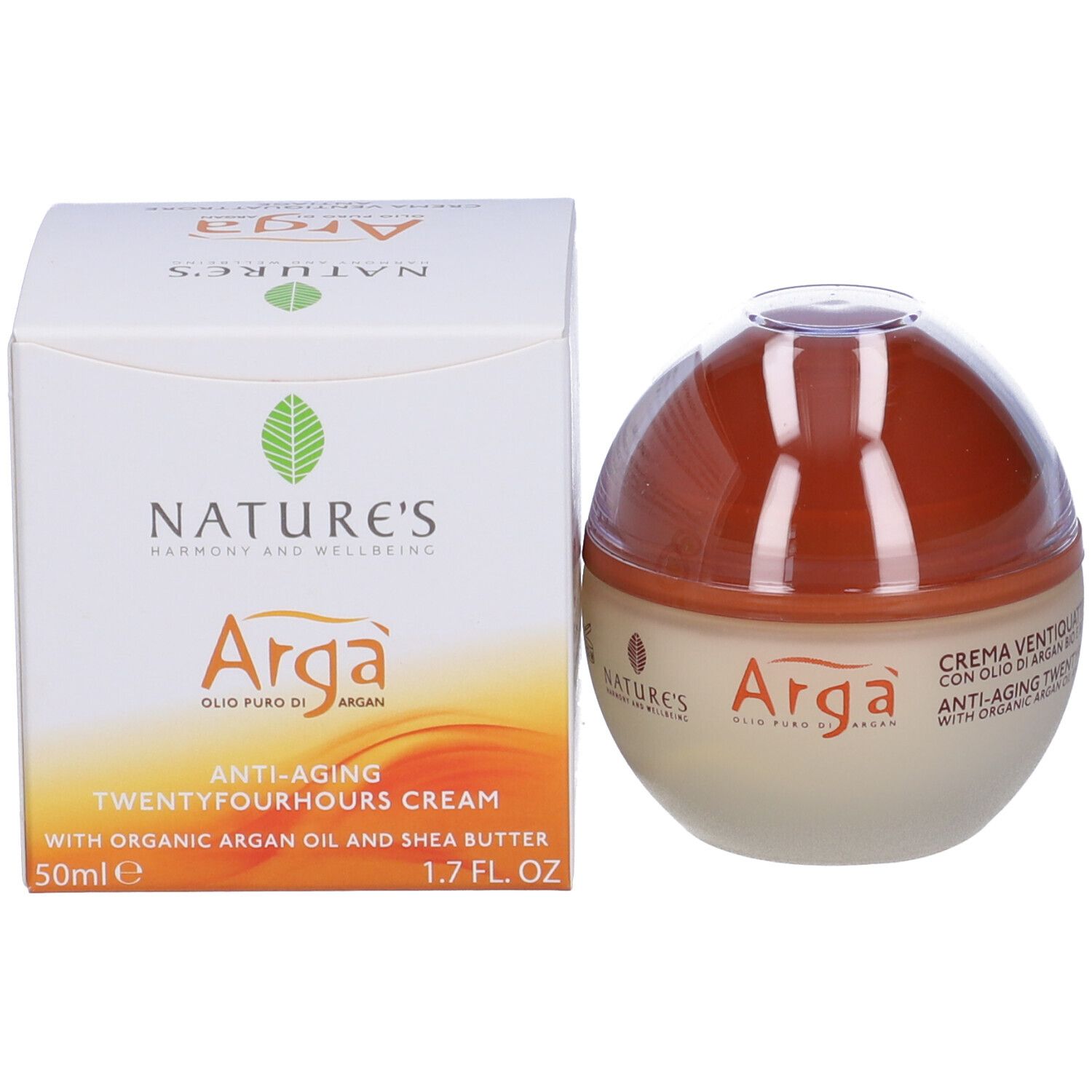 Emballage du produit et pot de crème. Inscription : NATURE'S, Arga, Crème anti-âge Twentyfourhours. 50ml, 1.7 FL. OZ.
