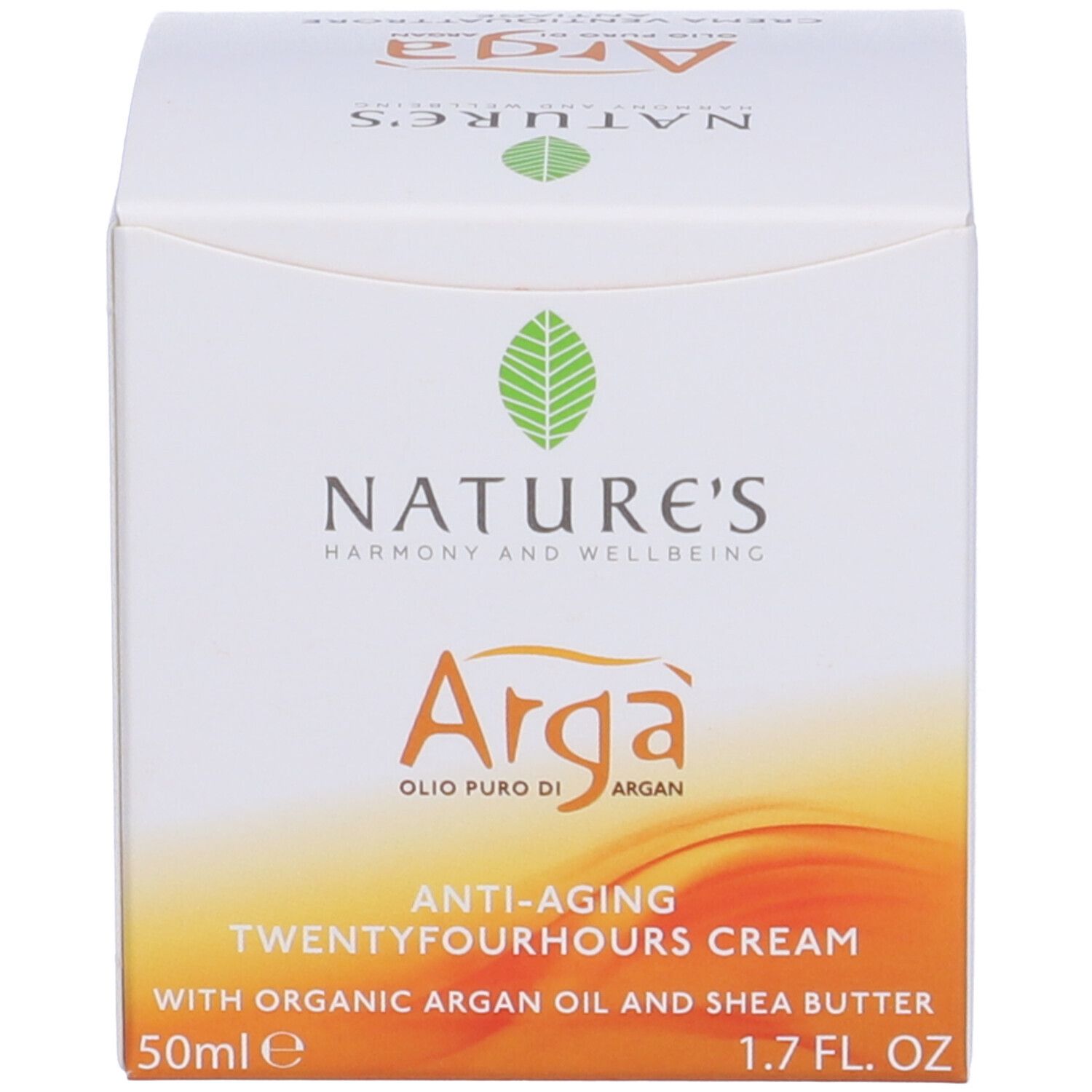 Emballage du produit. Inscription : NATURE'S, Arga, Crème anti-âge Twentyfourhours à l'huile d'argan bio et beurre de karité. 50ml, 1.7 FL. OZ.