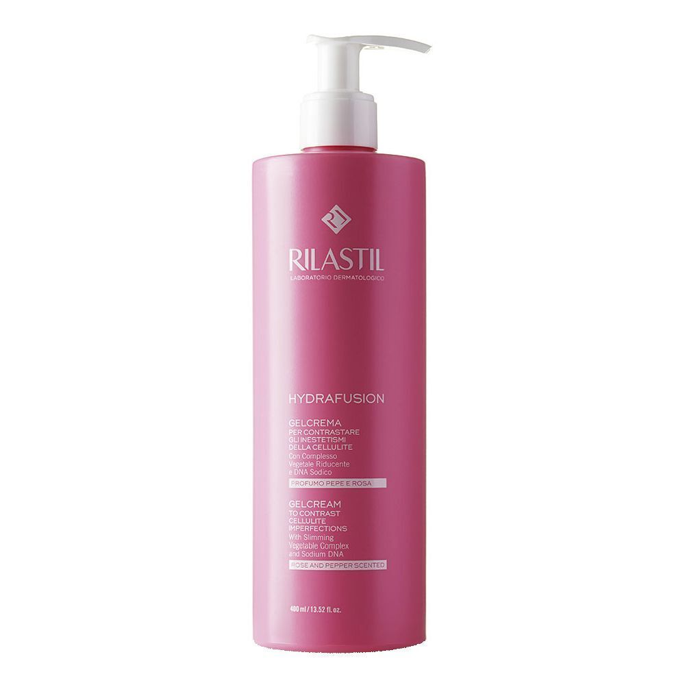 Flacon rose avec pompe blanche. Inscription: RILASTIL, HYDRAFUSION, Gelcrema. Emballage du produit.