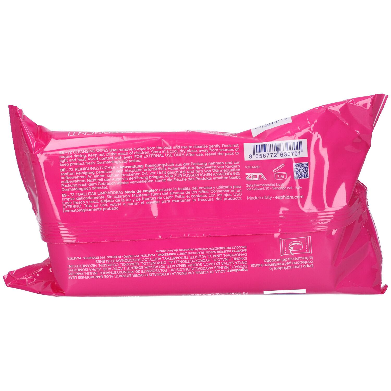 Dos du paquet rose. Texte en plusieurs langues, dont l'italien. Code-barres et logos.