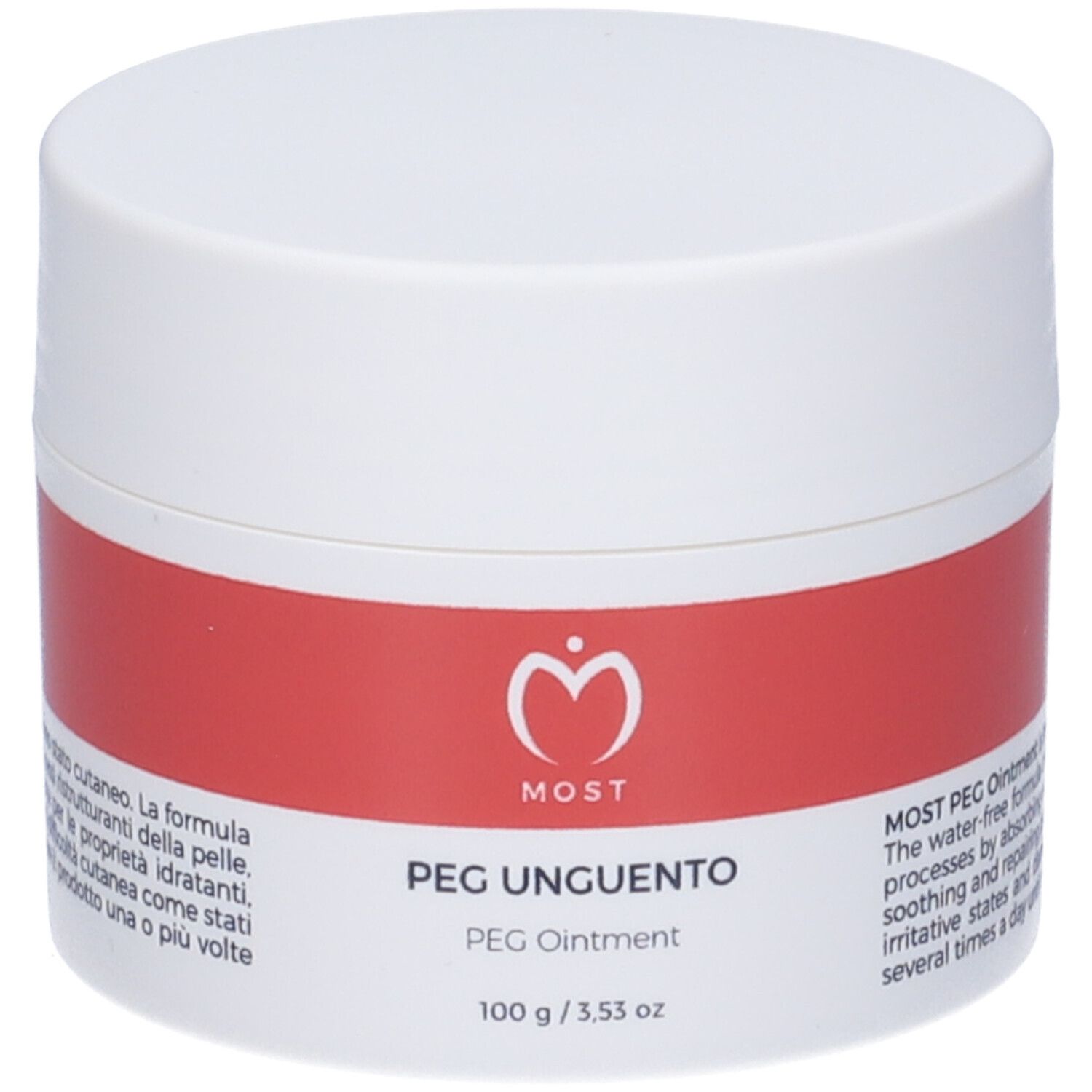 Pot blanc avec bande rouge. Inscription : MOST, PEG UNGUENTO, PEG Ointment. 100 g / 3.53 oz.