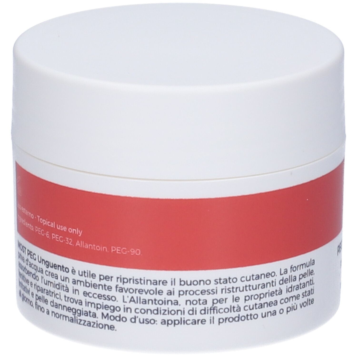 Tube blanc avec bande rouge. Inscription : MOST PEG Balsam. Texte en italien. 'Uso Esterno'.