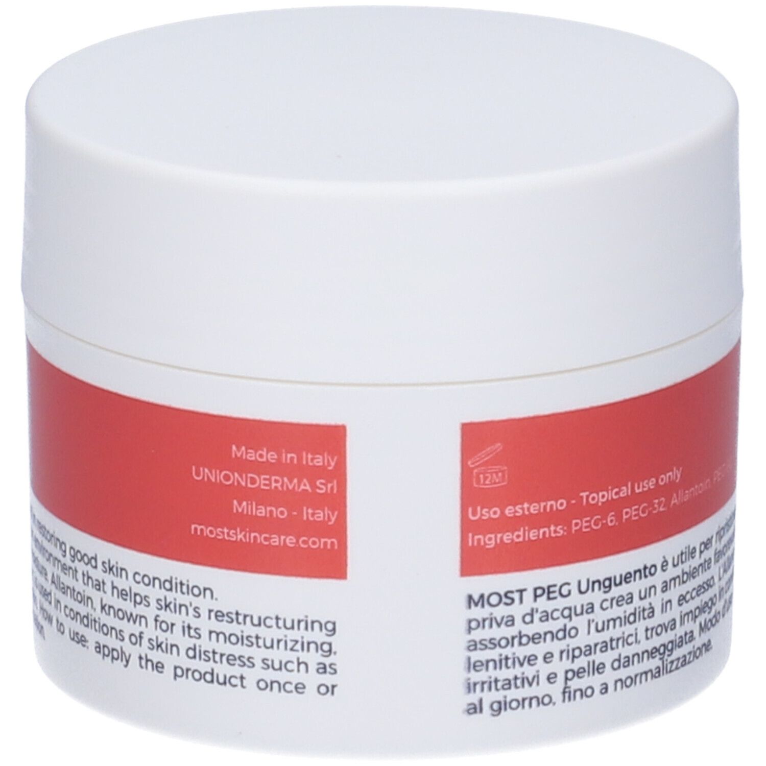 Boîte et tube rouges et blancs. Inscription : MOST, PEG UNGUENTO, PEG Balm. 100 ml / 3.4 fl oz.