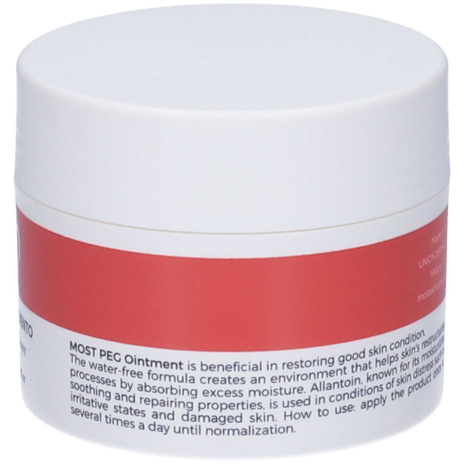 Boîte haute, rouge et blanche. Inscription : MOST, PEG UNGUENTO, PEG Balm. 100 ml / 3.4 fl oz.