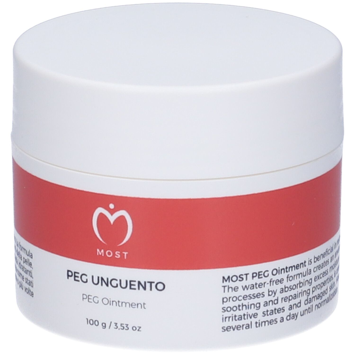 Boîte rouge et blanche. Inscription : MOST PEG Balm. Texte en italien. 'Uso Esterno'.