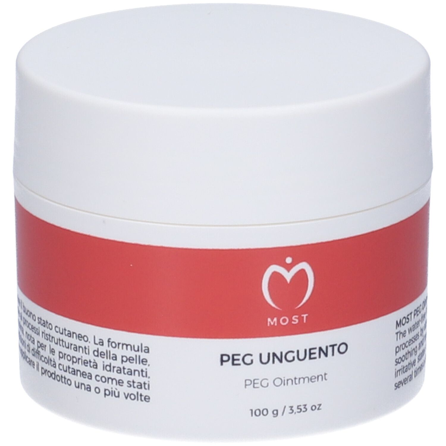 Pot blanc avec bande rouge. Inscription : MOST, PEG UNGUENTO, PEG Ointment. 100 g / 3.53 oz.