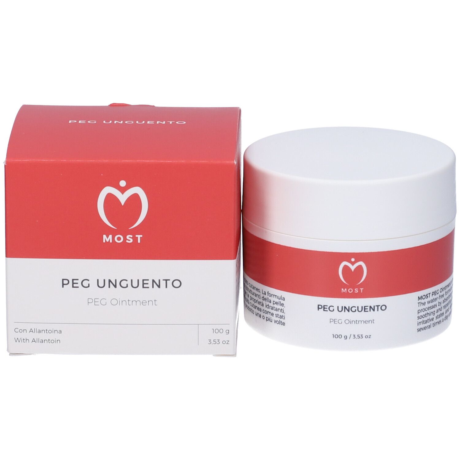 Pot blanc et boîte. Inscription : MOST, PEG UNGUENTO, PEG Ointment. 100 g / 3.53 oz.
