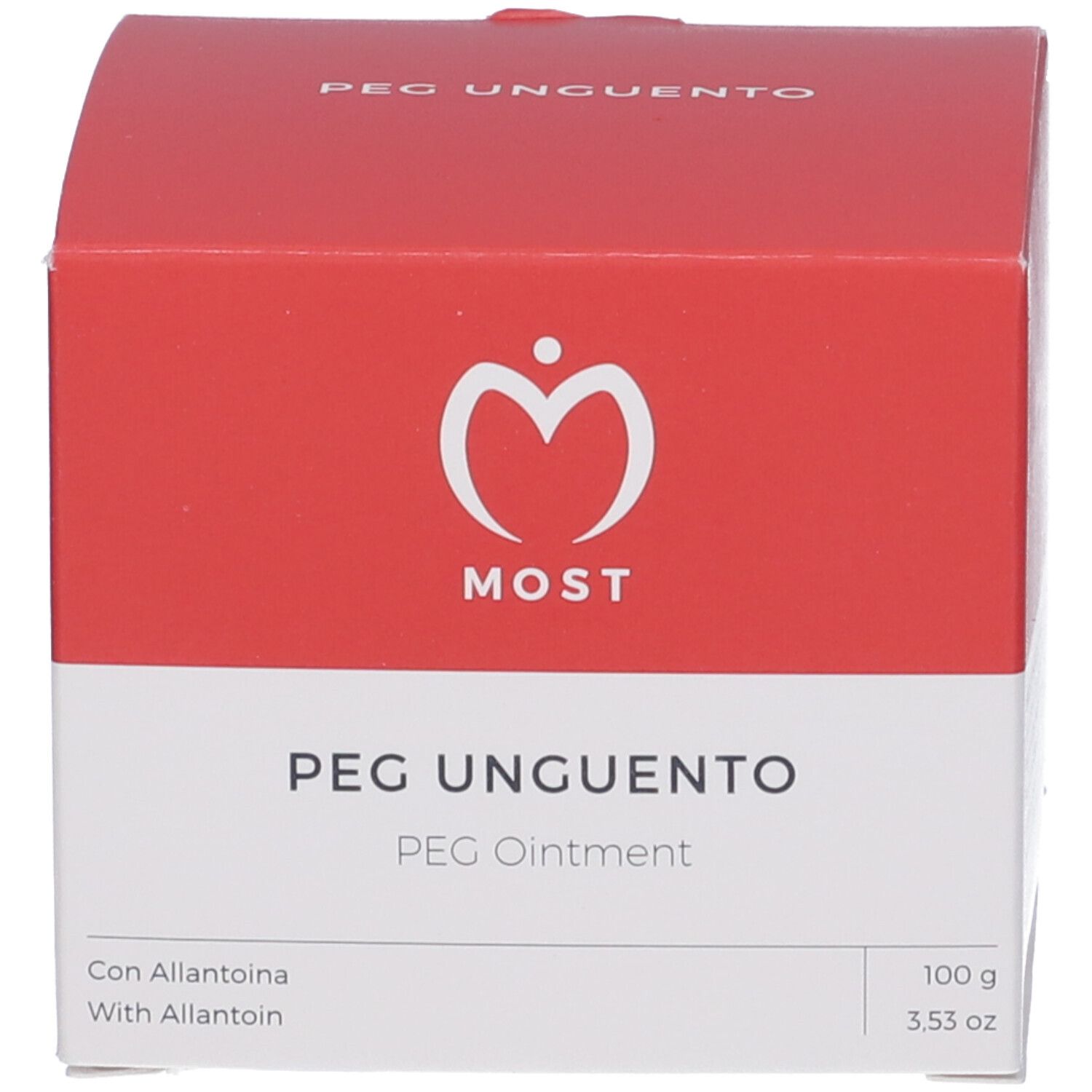 Boîte rouge et blanche. Inscription : MOST, PEG UNGUENTO, PEG Ointment. 100 g / 3.53 oz.