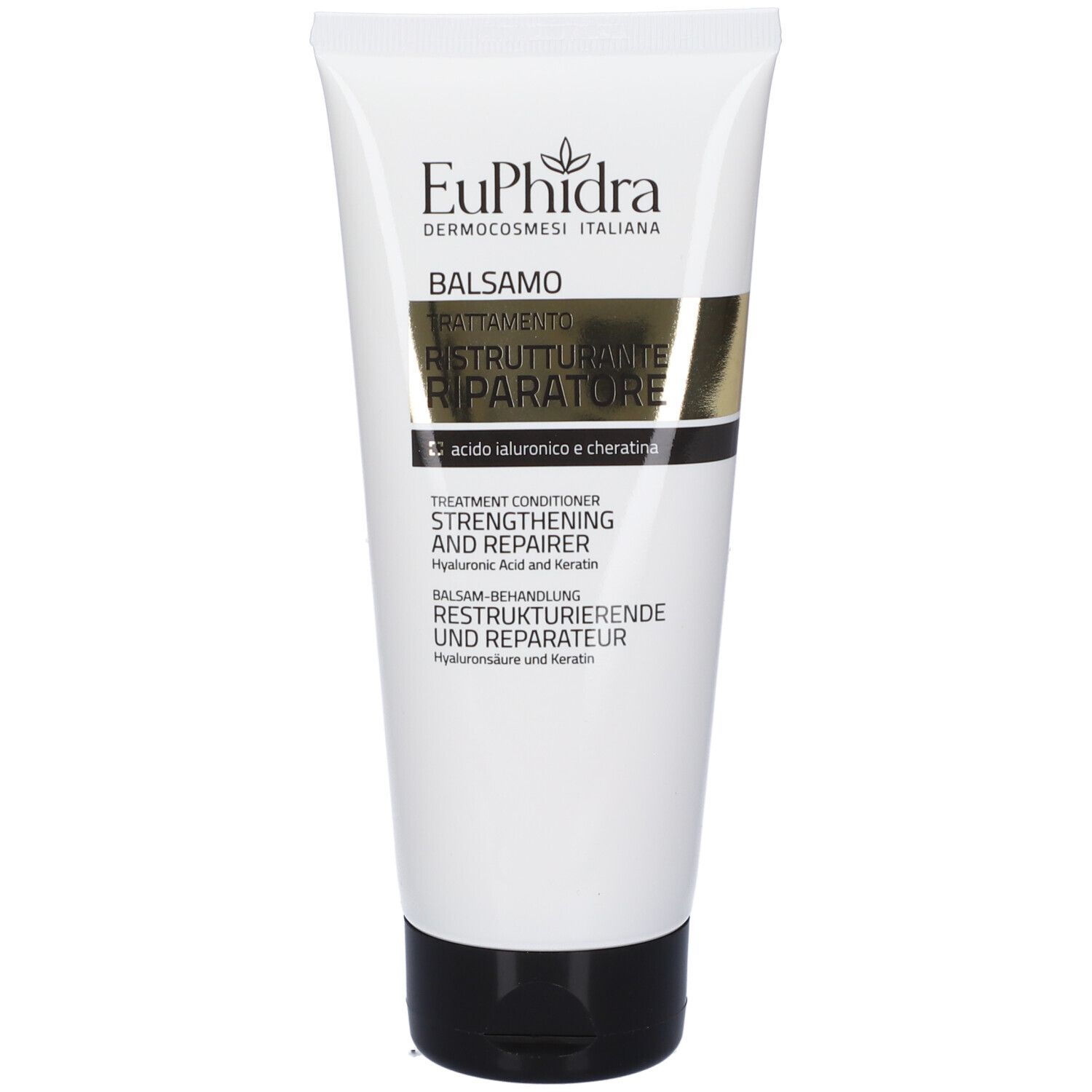 Tube blanc avec bouchon noir. Inscription: EuPhidra, Balsamo Trattamento Ristrutturante Riparatore. Contient acide hyaluronique et kératine.