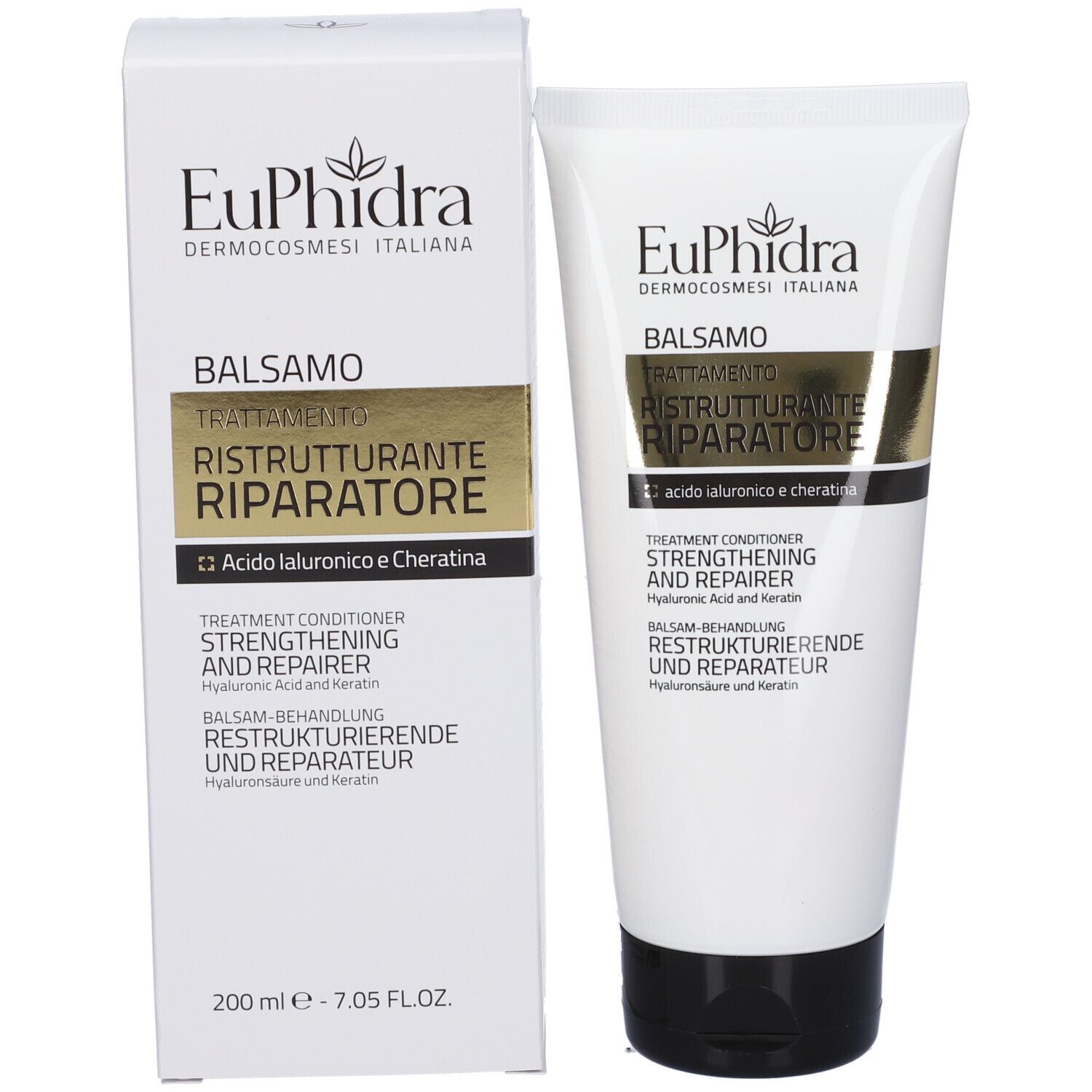 Emballage du produit avec tube et carton. Inscription: EuPhidra, Balsamo Trattamento Ristrutturante Riparatore. 200 ml.