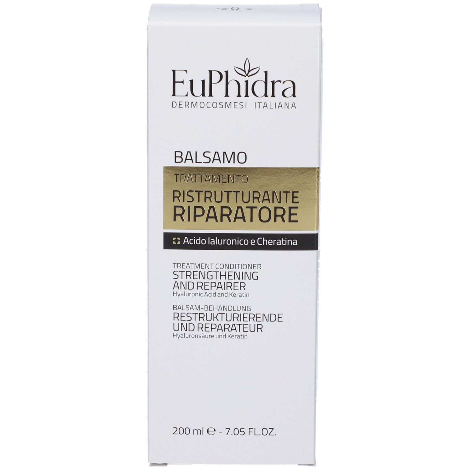 Boîte blanche avec inscription: EuPhidra, Balsamo Trattamento Ristrutturante Riparatore. 200 ml.