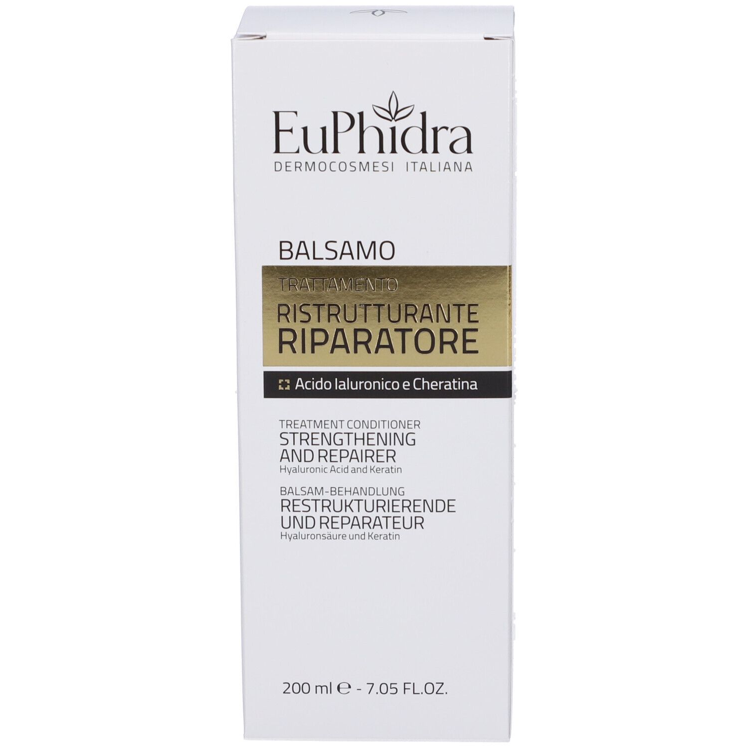 Boîte blanche avec inscription: EuPhidra, Balsamo Trattamento Ristrutturante Riparatore. 200 ml.