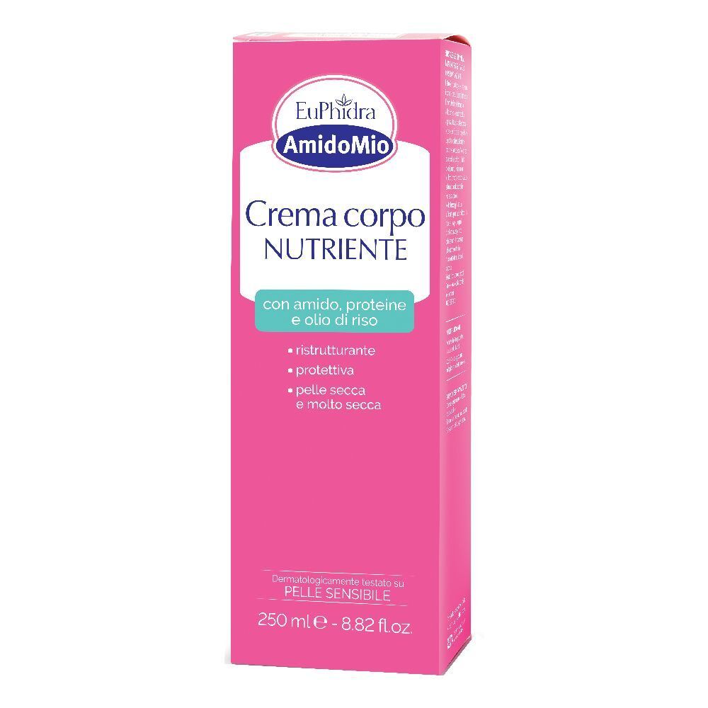 Emballage rose avec nom et logo du produit. Crème pour peau sèche. 250 ml.