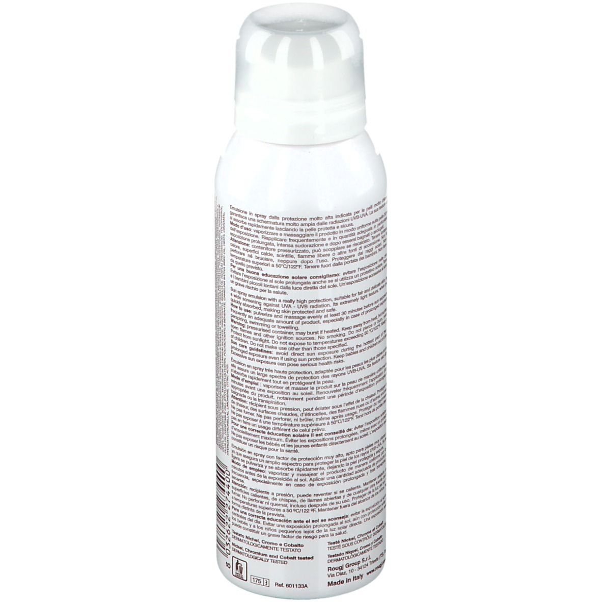 Spray blanc, vue arrière. Texte multilingue. Code-barres et informations du fabricant.