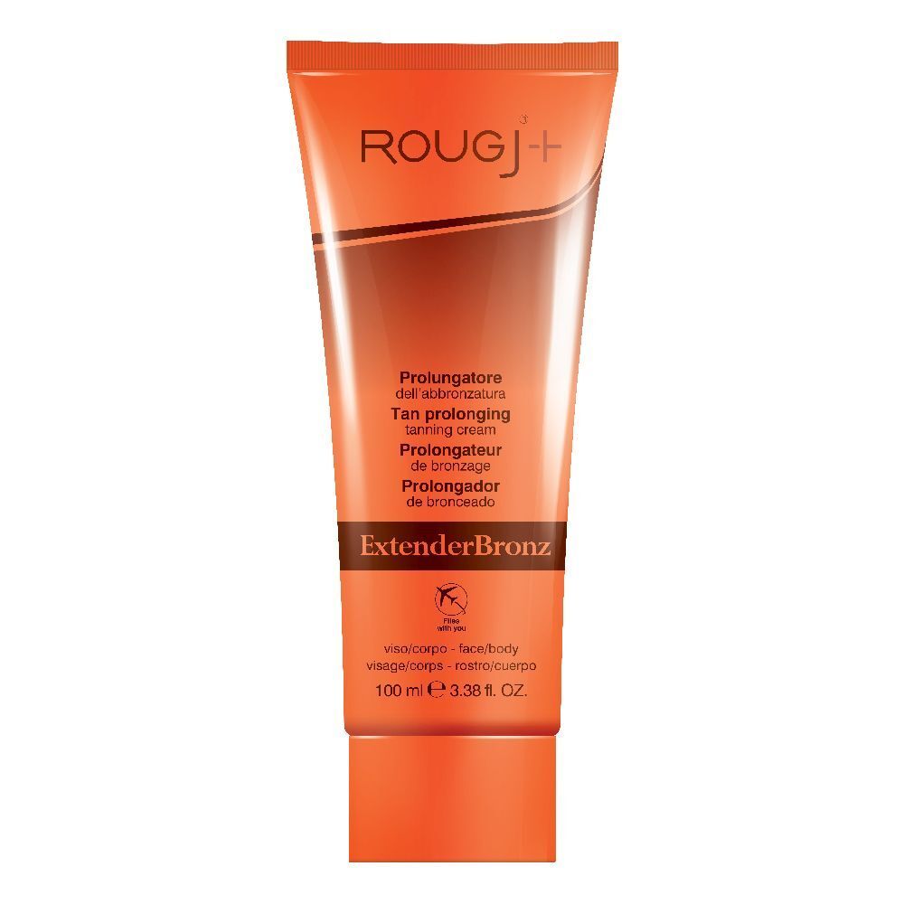 Tube orange avec texte et nom de produit. Contient "ExtenderBronz" et "ROUGJ+".