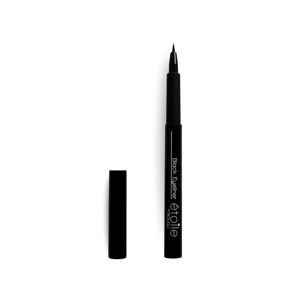 Eyeliner noir avec capuchon ouvert. Le stylo porte l'inscription "Black Eyeliner Étoile".
