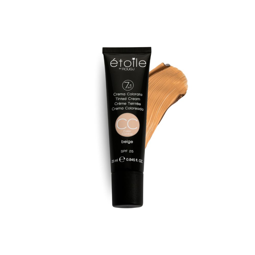 Tube noir avec produit. Inscription : Étoile by ROUGJ, 7 en 1, CC Crème Beige, SPF 25. À côté, une tache de couleur.