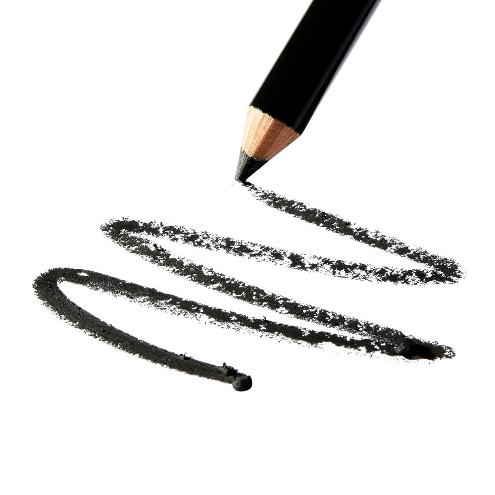 Crayon noir pour les yeux traçant une ligne incurvée sur fond blanc.
