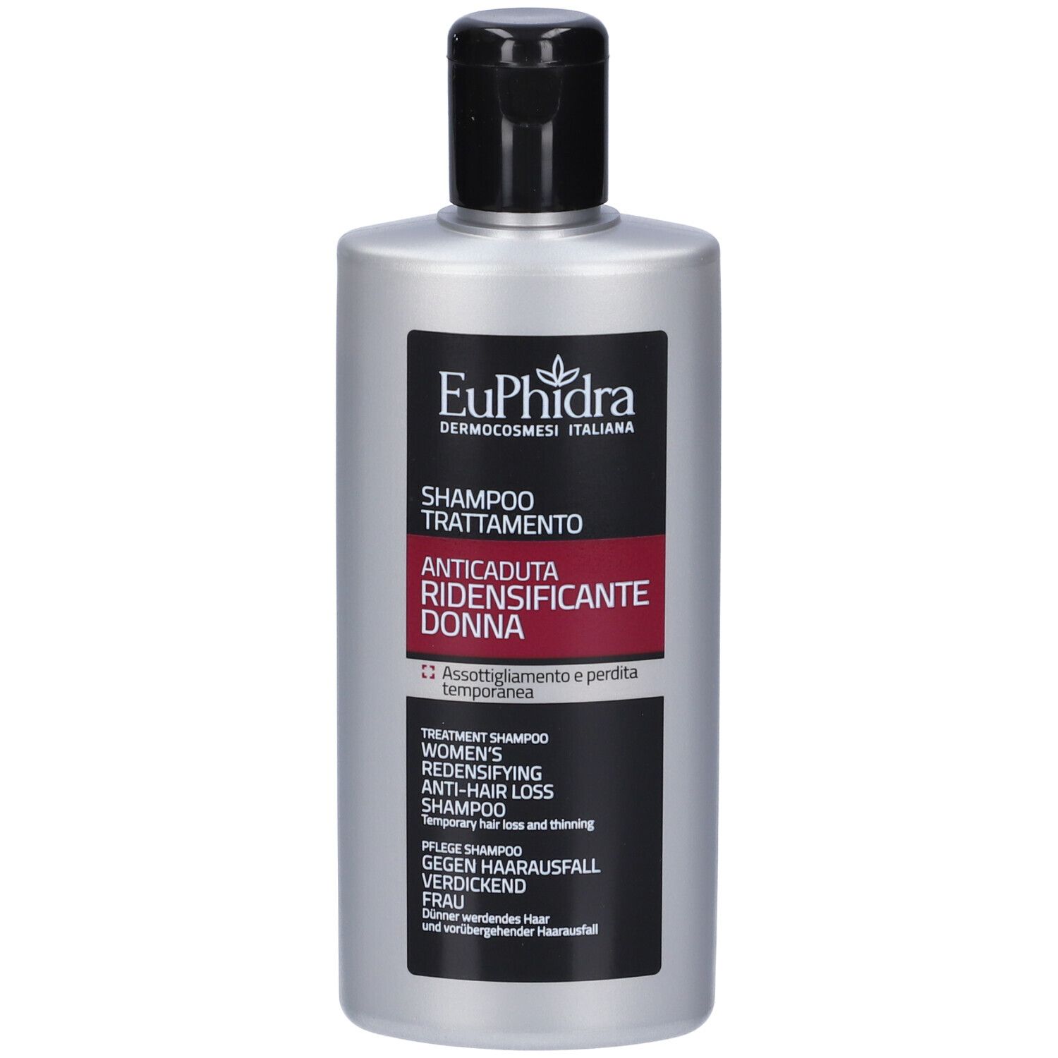 Flacon de shampooing argenté, bouchon noir. Inscriptions: Euphidra, Shampoo Trattamento, Anticaduta Ridensificante Donna.