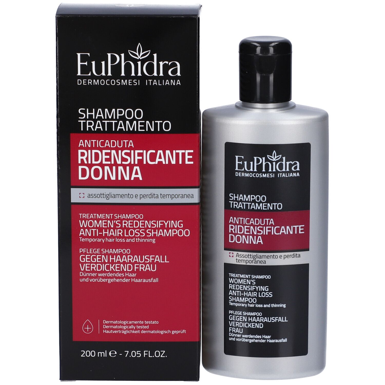 Emballage du produit avec flacon de shampooing. Boîte noire avec accent rouge. Inscriptions: Euphidra, Shampoo Trattamento.