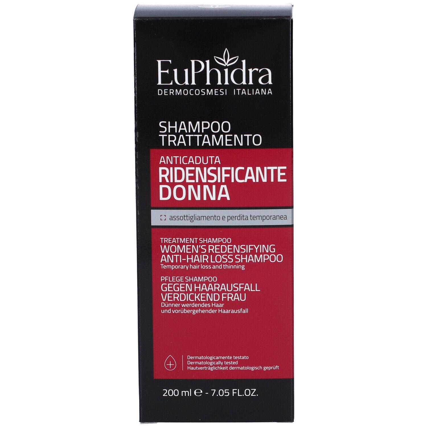 Boîte noire avec accent rouge. Inscriptions: Euphidra, Shampoo Trattamento, Anticaduta Ridensificante Donna. 200 ml.