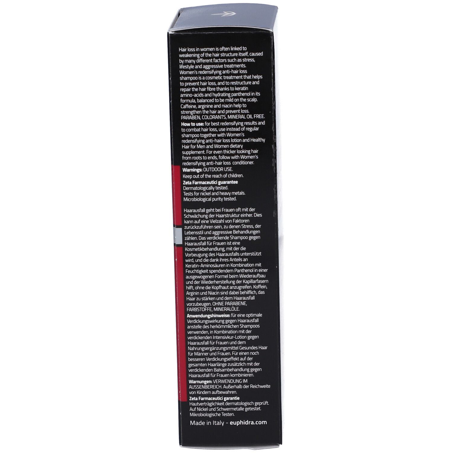 Boîte noire. Texte multilingue. Contient des informations sur les ingrédients et l'utilisation du shampooing.
