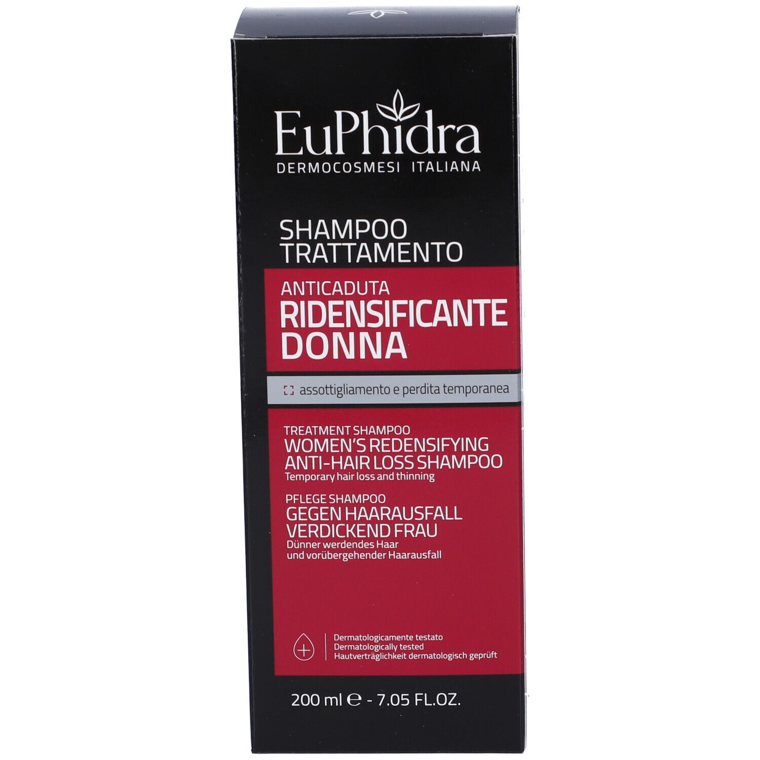 Boîte noire avec accent rouge. Inscriptions: Euphidra, Shampoo Trattamento, Anticaduta Ridensificante Donna. 200 ml.