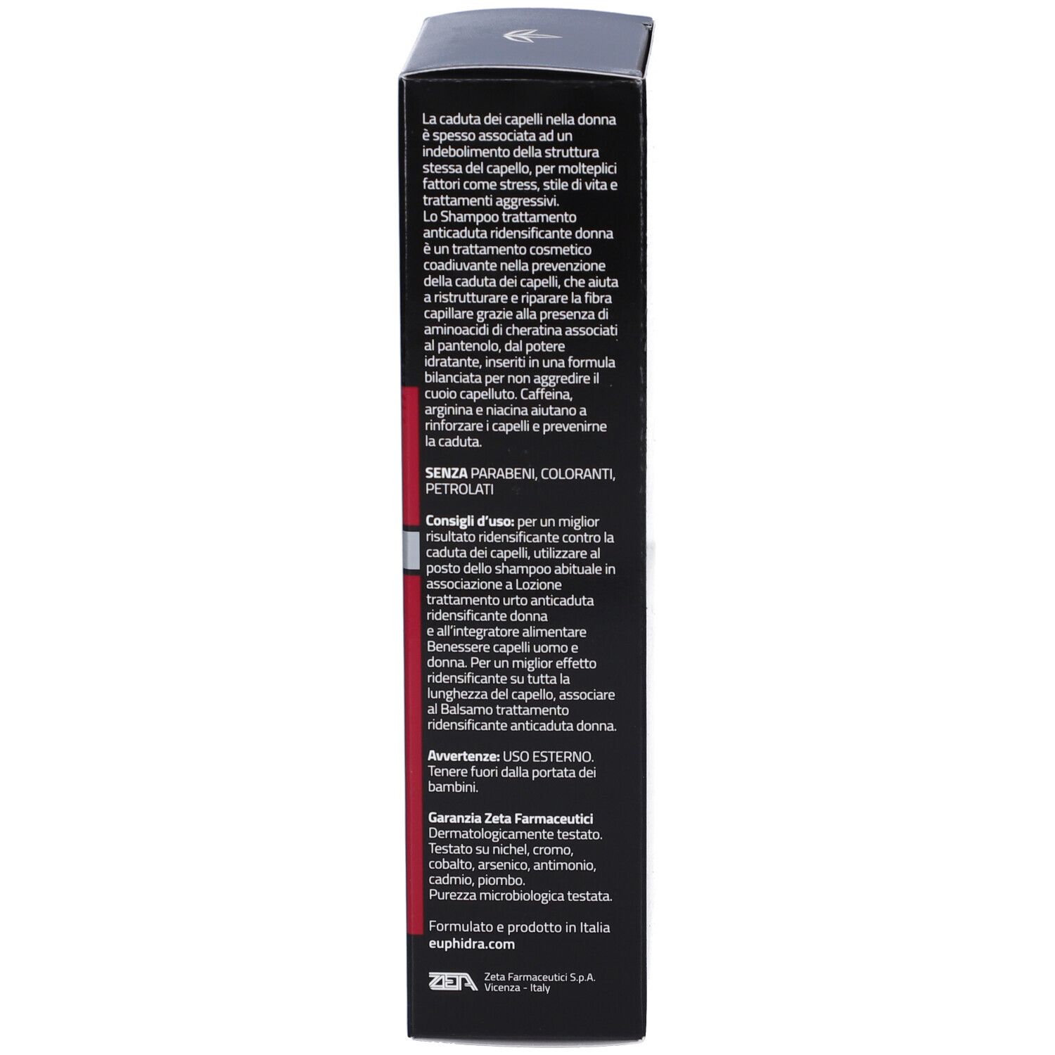 Boîte noire. Texte multilingue. Contient des informations sur les ingrédients et l'utilisation du shampooing.