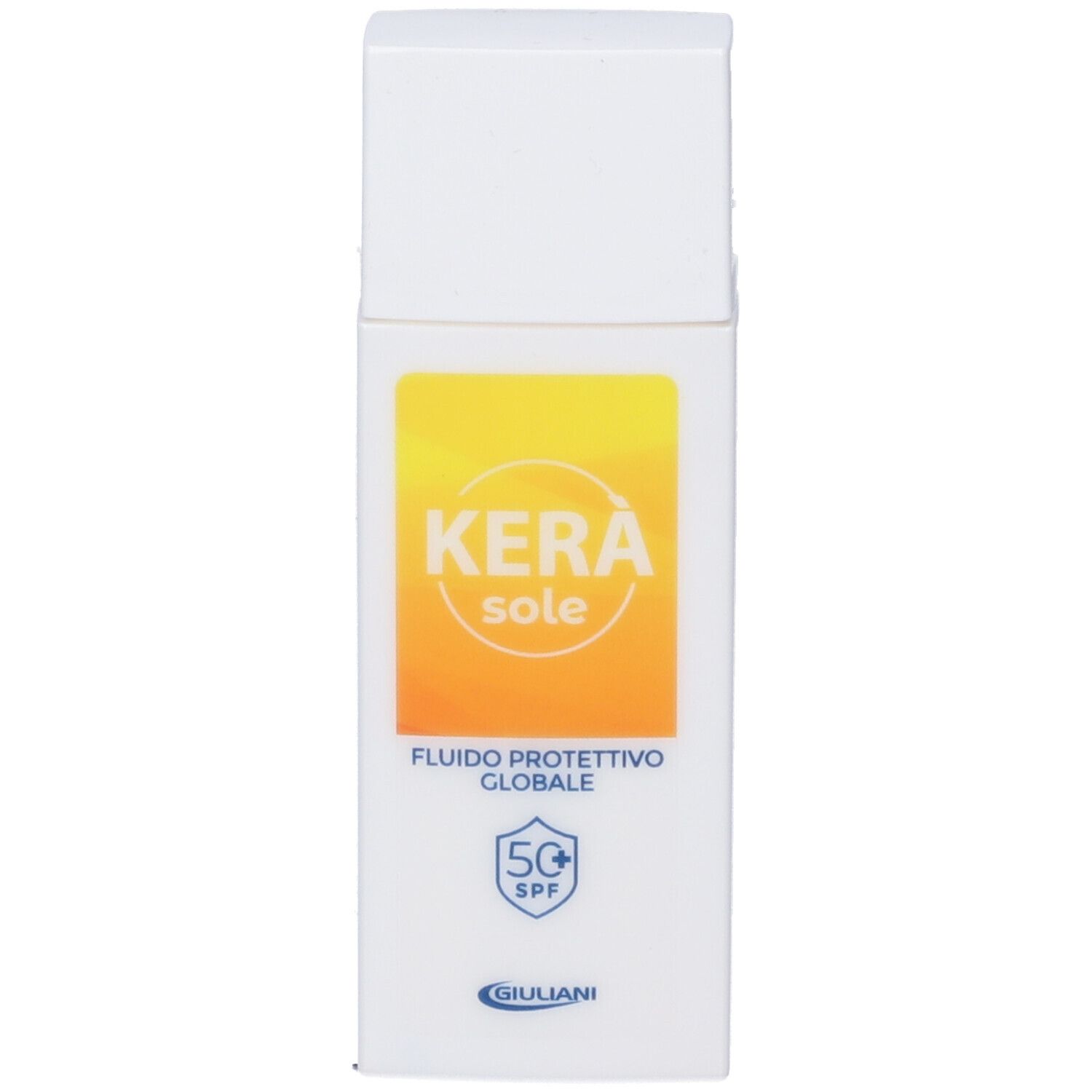 Flacon KERÀ Sonnenschutzfluid SPF 50+ avec étiquette jaune et symbole solaire.