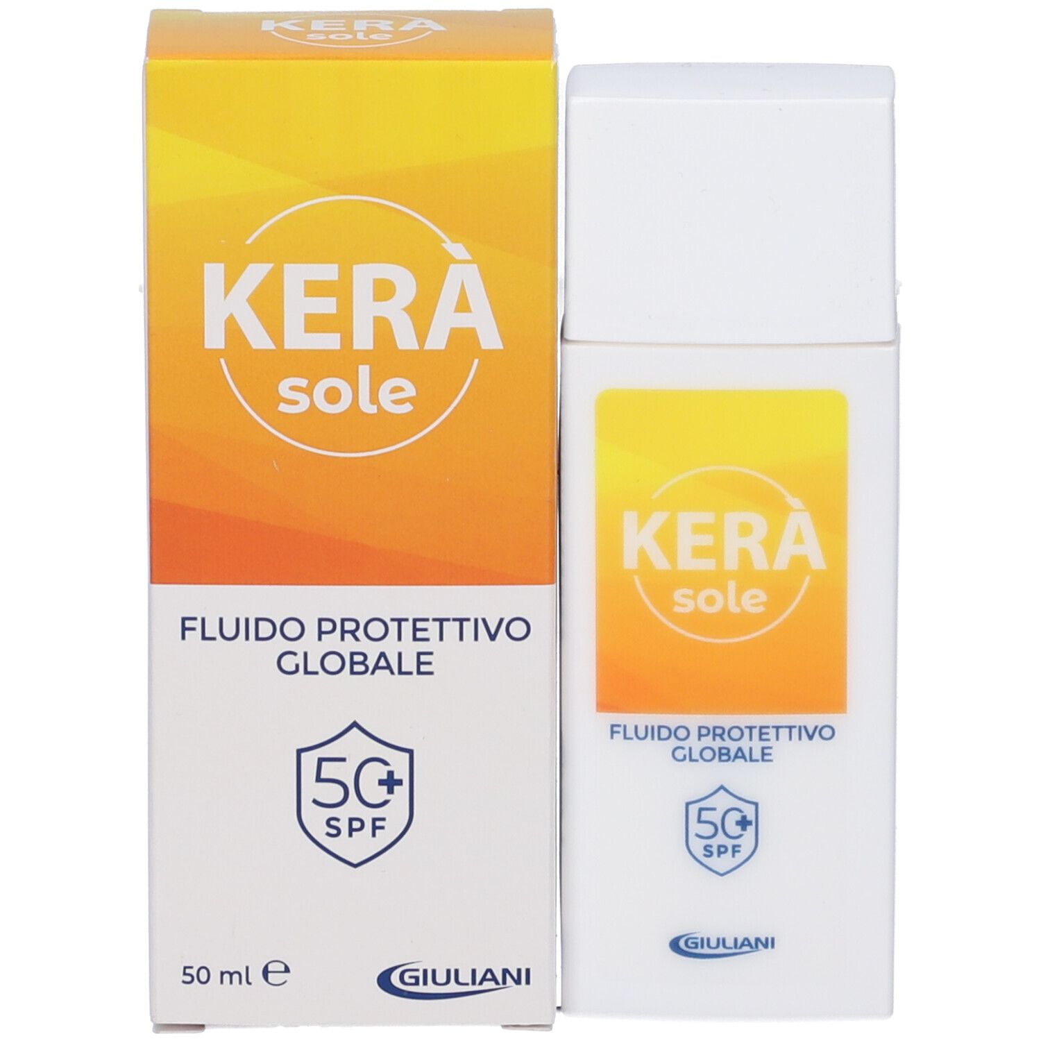Flacon et emballage KERÀ Sonnenschutzfluid SPF 50+ avec design jaune-orange.