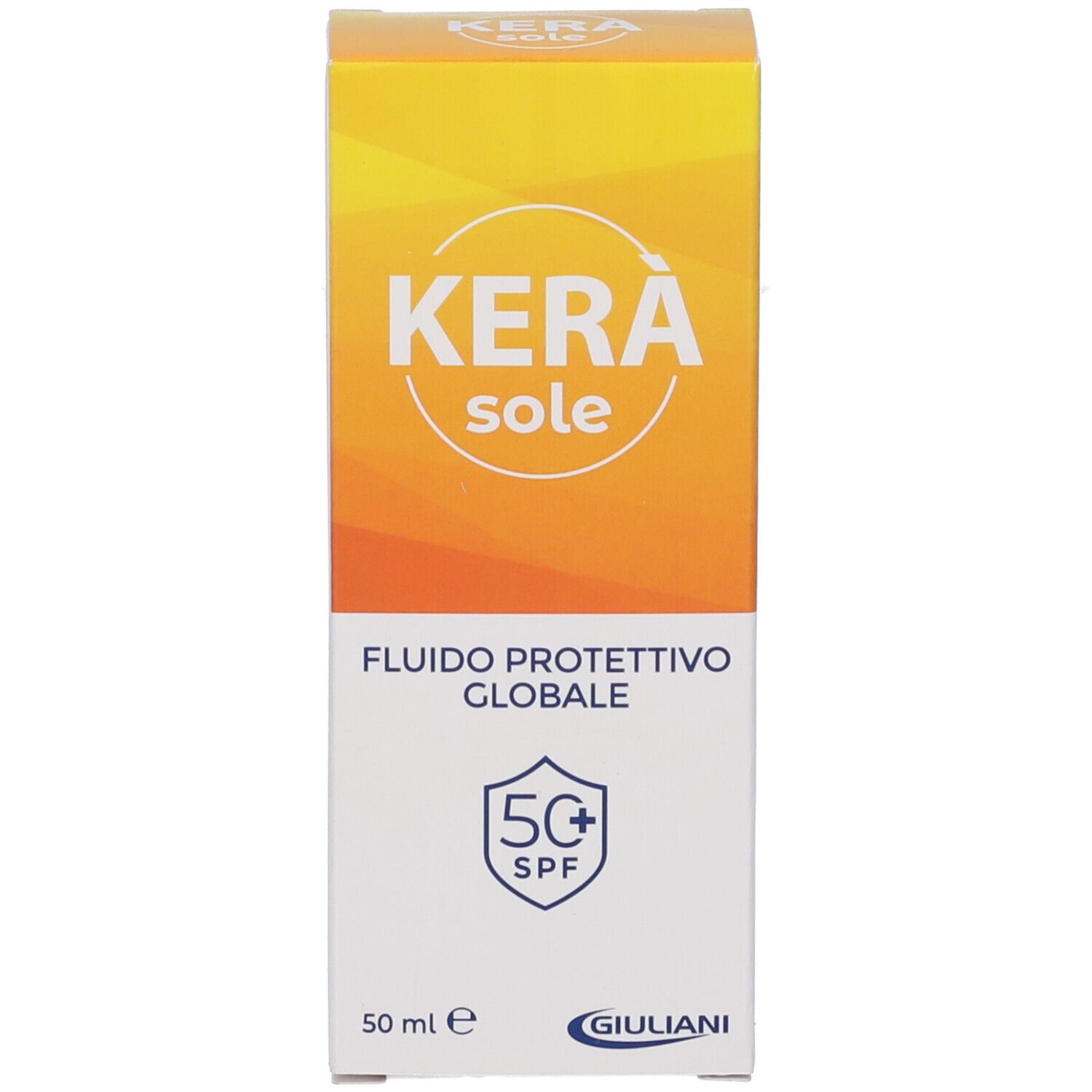 Emballage KERÀ Sonnenschutzfluid SPF 50+ avec dégradé jaune-orange et nom du produit.